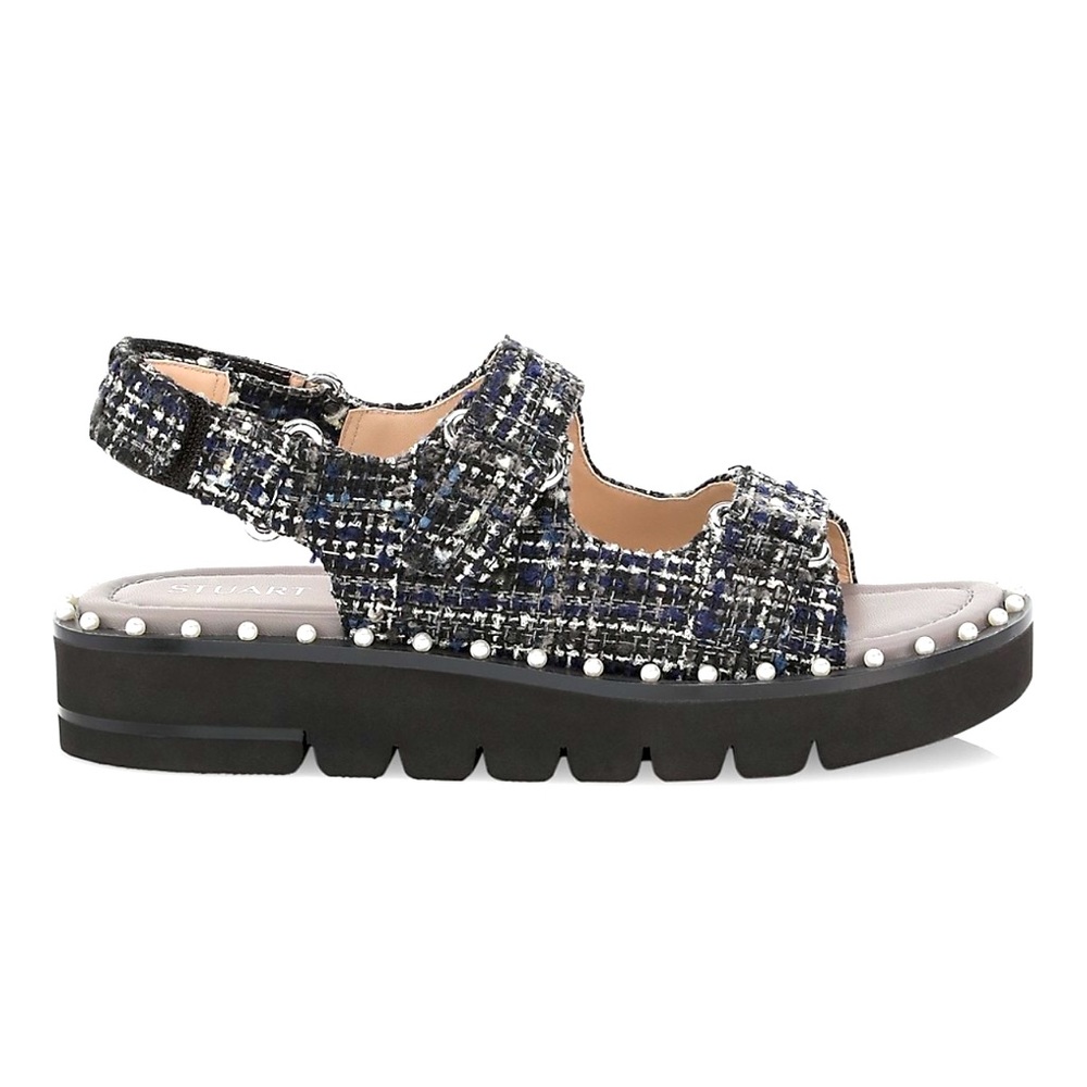 New On Box Stuart Weitzman Zoe Lift Embellished Tweed Sandals, Flannel, 9/39